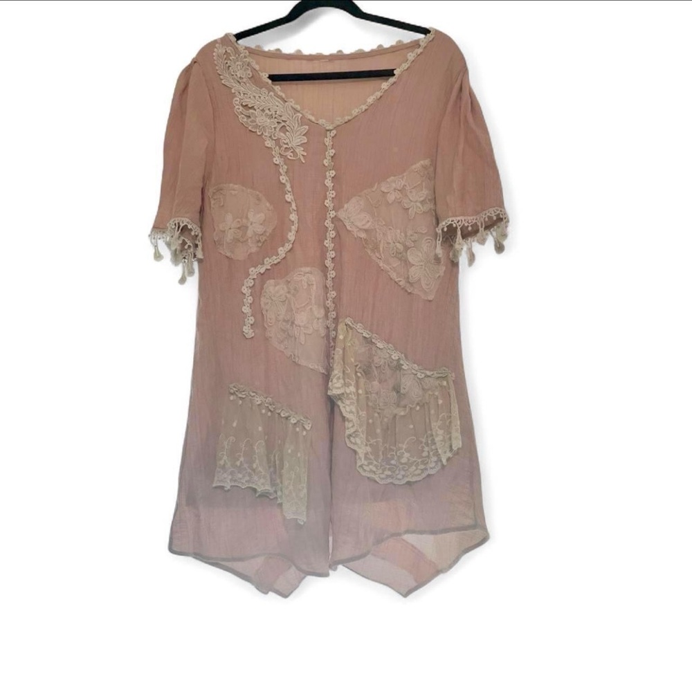 Tan/Pink Patchwork Lace + Crepe T-Shirt Dress